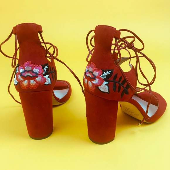 Red Kate Spade Oasis Lace Up Floral Embroidered Suede Heels - Picture 2 of 11